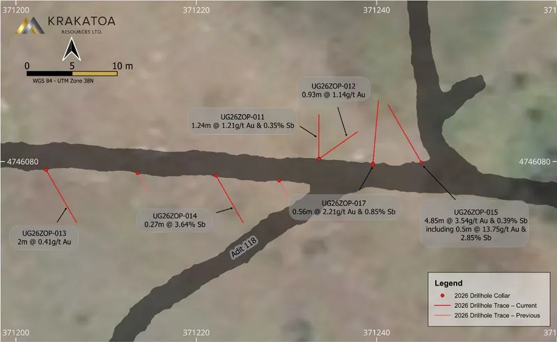 Map of UG drill holes with significant grades – adit 118 V50 zone