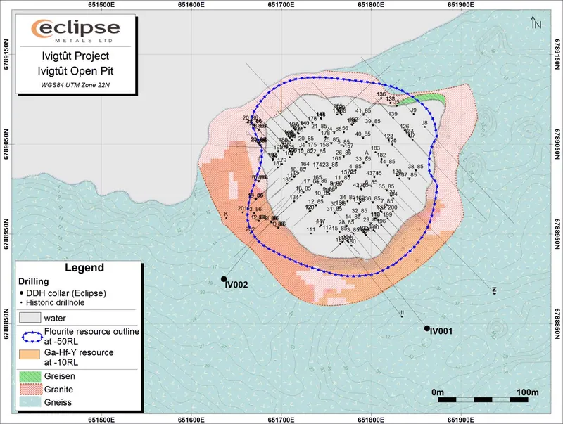 Plan view of Ivigtût Resource Area and Drillhole Location Plan