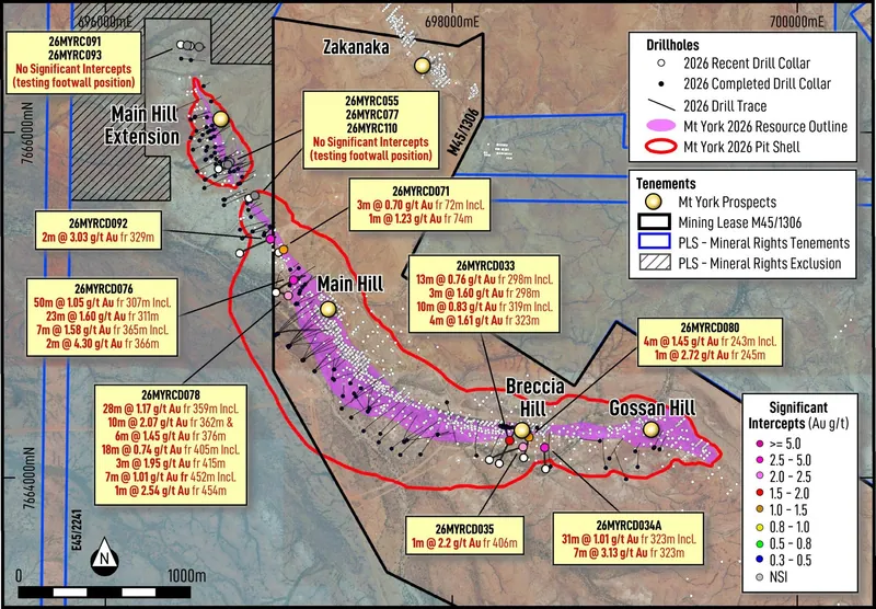 Drill plan of the Mt York Gold Project showing drill holes reported in this release (yellow boxes)