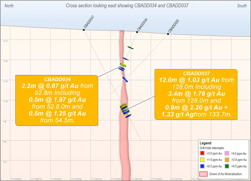 Cross section through CBADD037 showing assays and interpreted mineralised zones. Source: the same Dart Mining announcement, Figure 3