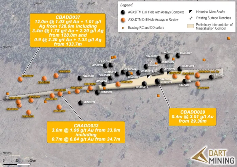 Location plan showing CBADD023–CBADD039 drill hole collars relative to previously reported holes and the interpreted Banshee mineralisation zone