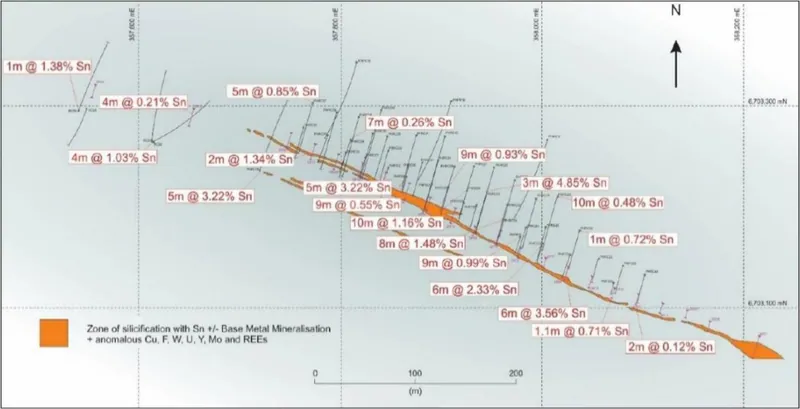 Plan view of the South Ridge prospect with selected drill and trench intersections