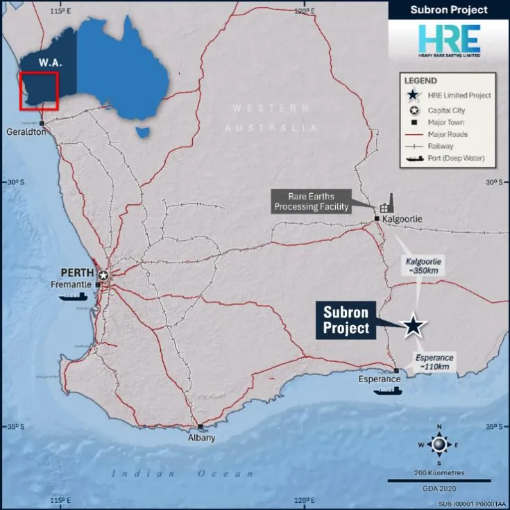 The location of HRE’s Subron REE Project is close to Esperance port and Lynas’s Kalgoorlie Rare Earth Processing Facility