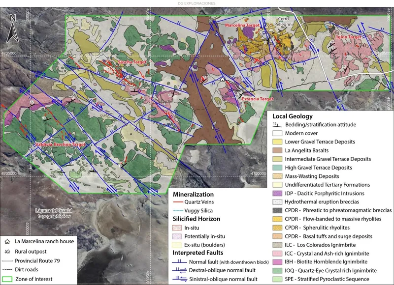Geological map of the Sascha-Marcelina Project showing the main geological features, the location of the five principal Targets studied during fieldwork