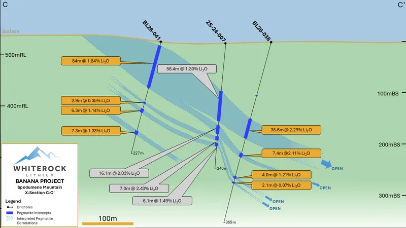 Figure 2:Cross section from C-C' with interpreted pegmatite. ZS-24-007 was drilled in 2024