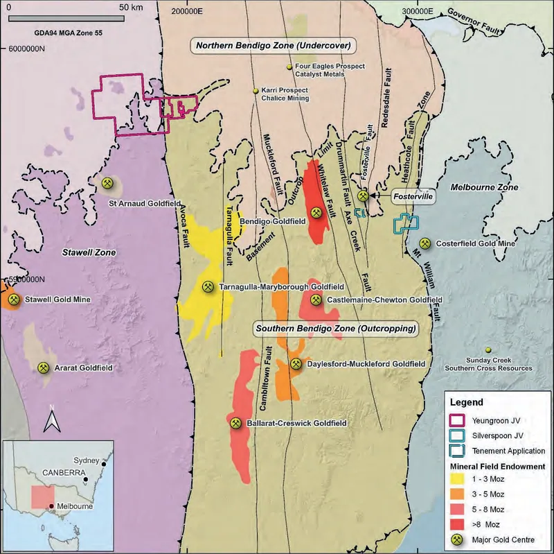 Location map of the Silver Spoon and Yeungroon projects showing the constituent exploration licences/applications relative to known deposits and regional geolo…