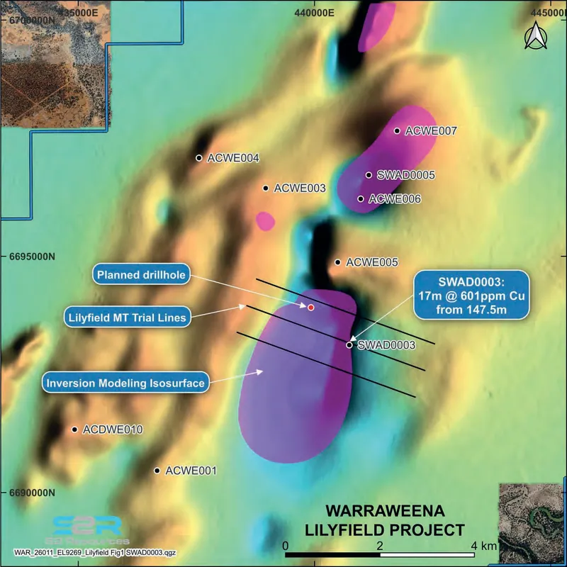 Aeromagnetic image of the Lilyfield copper target showing ASVI iso-shell (>1.0 SI), location of the Trial MT survey and proposed drill hole