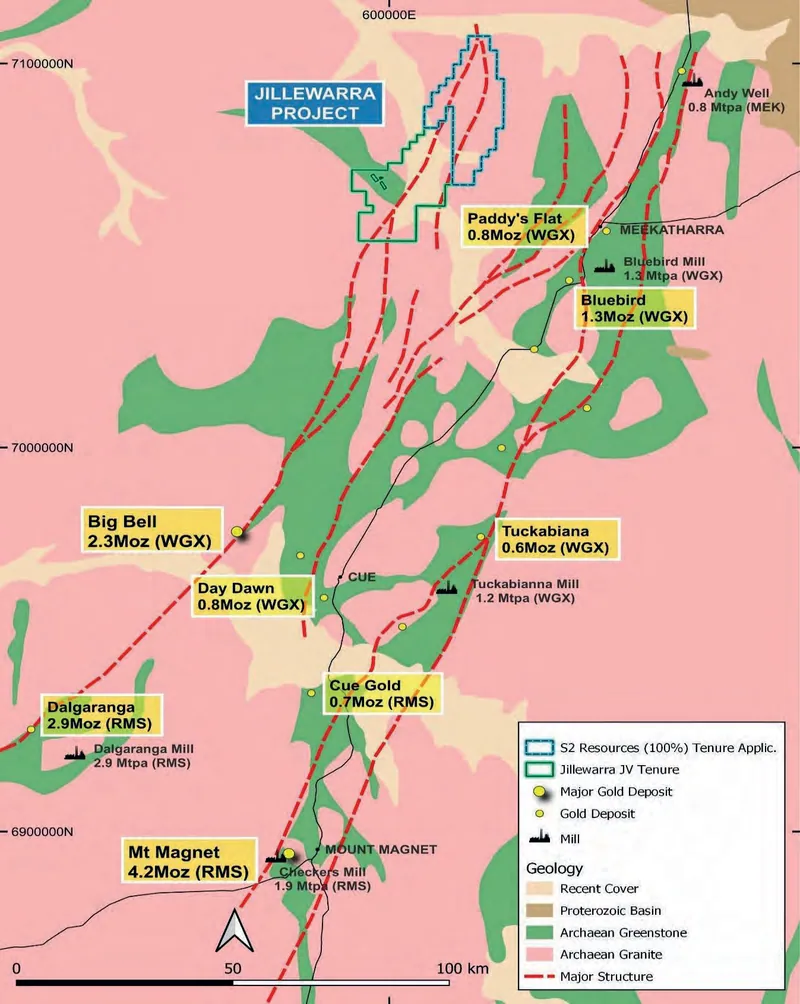 Regional aeromagnetic image of Murchison district showing the outline of the Jillewarra JV ground and the new 100% owned exploration licence application coveri…