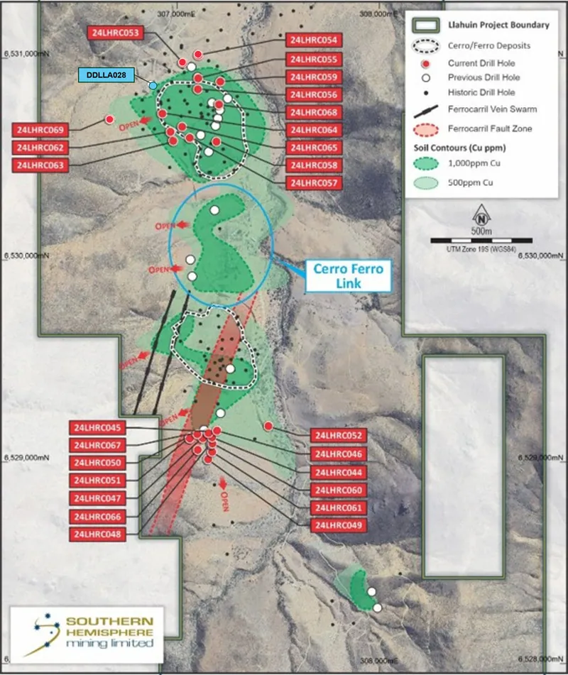 Plan view of the Cerro-Ferro and Ferro South zones showing current and previous drill holes