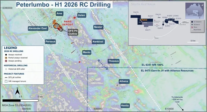 H1 2026 RC drilling, showing historic drilling, key regional targets, 2026 DFS Paris Deposit pit outline, tenure, the Paris Silver corridor, and Theseus cross-…
