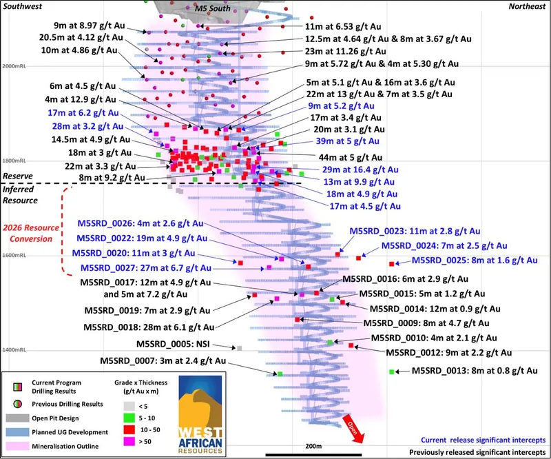 Long section diagram of M5 South showing results from the current drilling program