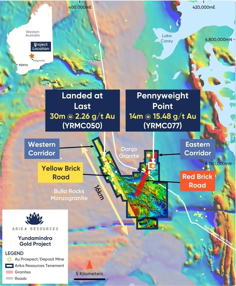 Arika’s Yundamindra Gold Project showing key target areas and prospects over simplified geology, regional and local scale TMI