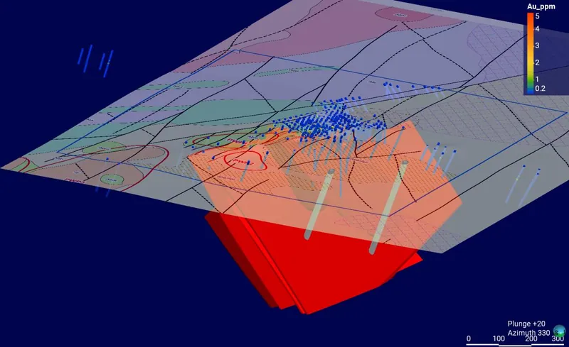 Pennyweight Point 3D model looking north showing the approximate location of two proposed deep EIS diamond drillholes designed to test depth extensions to the…