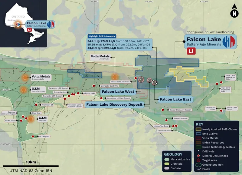 Location of the Falcon Lake Project, including the newly staked claims (yellow)