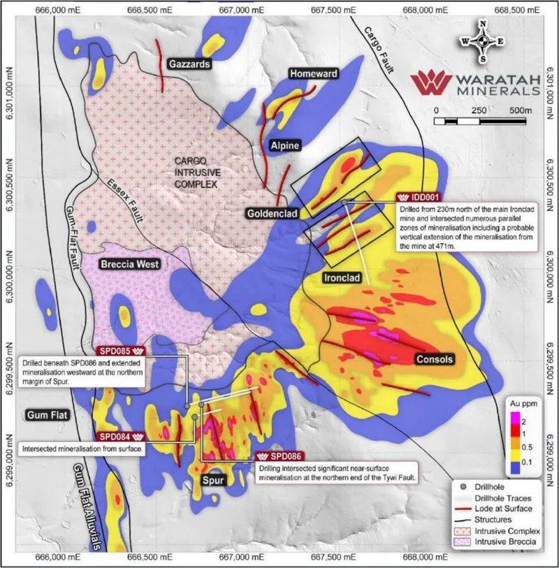 Spur Project, showing reported drilling results and growth potential. Gold mineralisation contours projected to surface