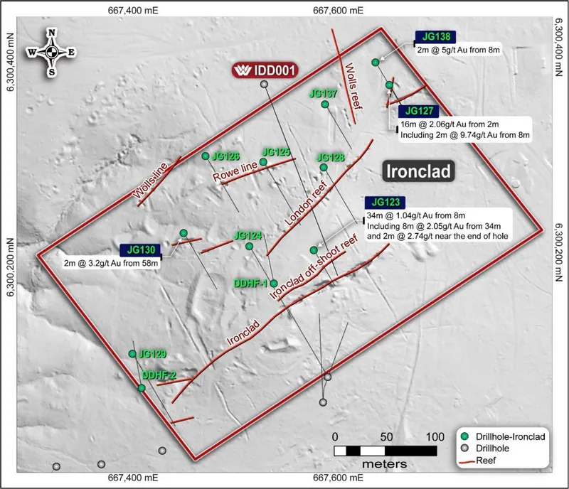 Ironclad Mining Lease with mapped lodes, current and historic drilling by Golden Cross Resources (1997), Ironclad GL5828 Annual Report:…