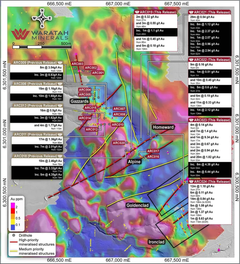 Alpine and Gazzards, showing reported drilling results, mapped and interpreted mineralised structures