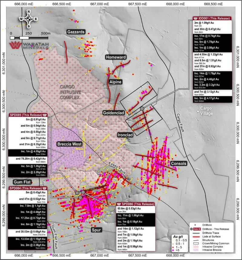 Spur Project map showing reported drill results