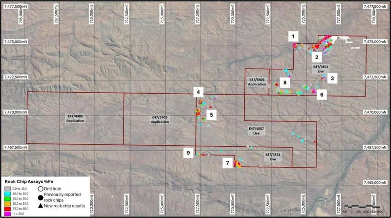Yandi South rock chip locations and 9 newly identified prospects