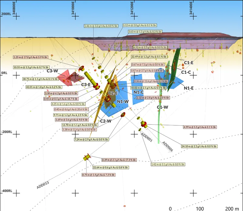 W-E Section showing ADD001, ADD006 and ADD013 drill traces and intersections