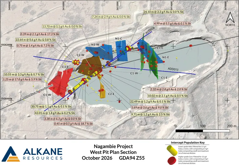 Plan of West Pit, veins, and the ADD001, ADD006 and ADD013 holes reported (dark blue)