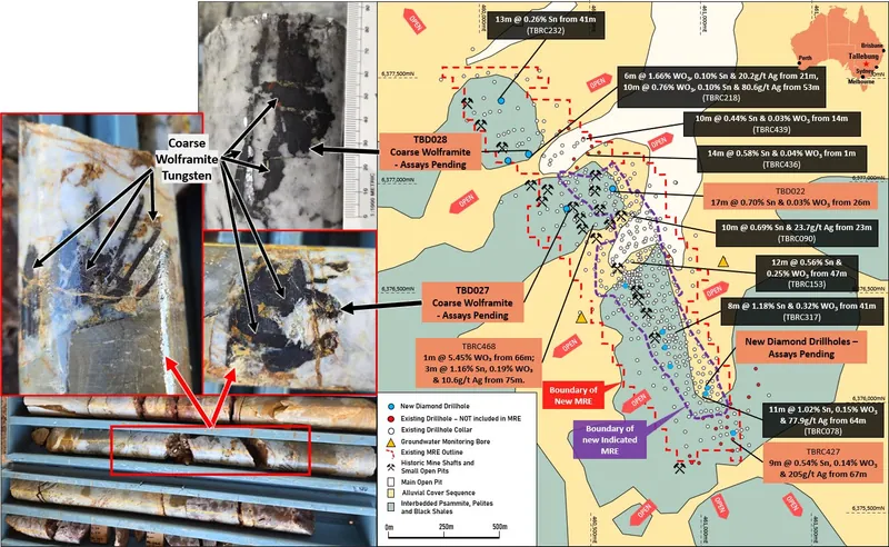 LHS Top to Bottom: Coarse Wolframite in drillcore from TBD028 @ ~63.5m (NB: Wolframite typically is ~77% WO3); Coarse Wolframite grains from TBD027 @ ~47m; Bot…
