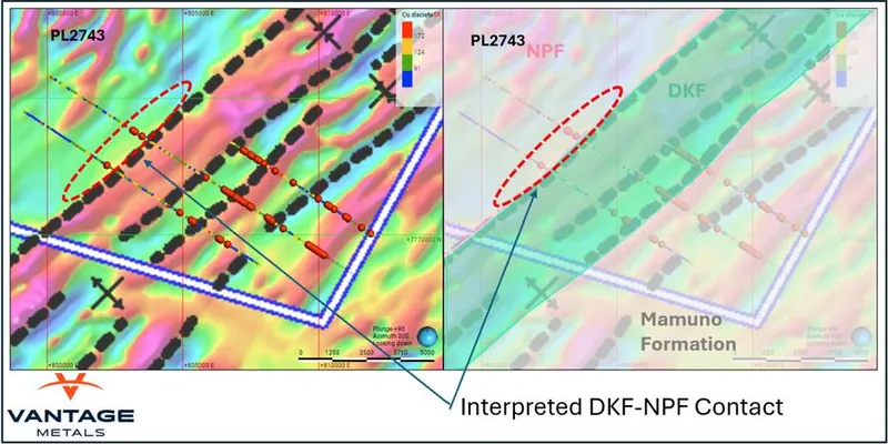 Oblique section looking N through enhanced magnetic inversion model across PL773, PL299 (under application) and PL2743 with interpreted geology and basin archi…