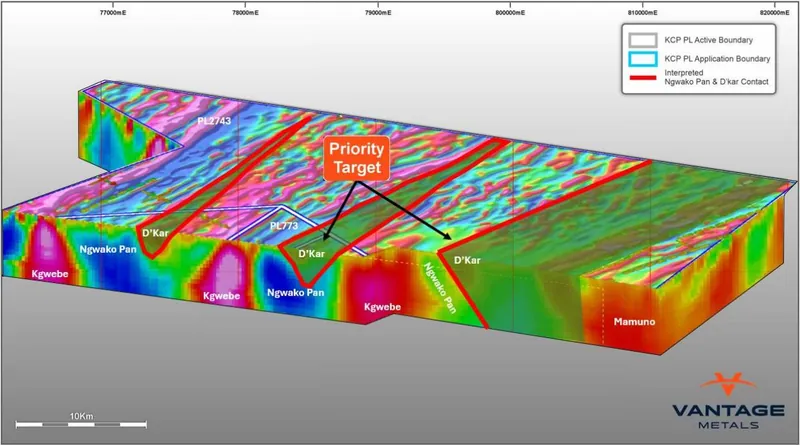 Oblique section looking N through enhanced magnetic inversion model across PL773, PL299 (under application) and PL2743 with interpreted geology and basin archi…