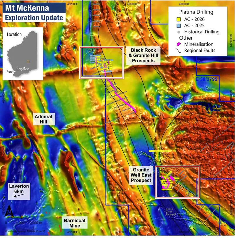 Map showing historical drilling and Platina’s aircore drilling on Mt McKenna’s E38/3795 tenement