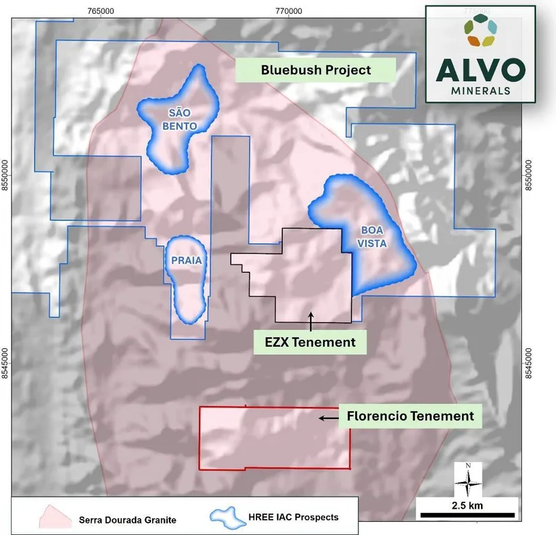 The Florencio tenement (red) relative to the Serra Dourada granite, the Bluebush and EZX tenements and the Serra Verde mining concessions
