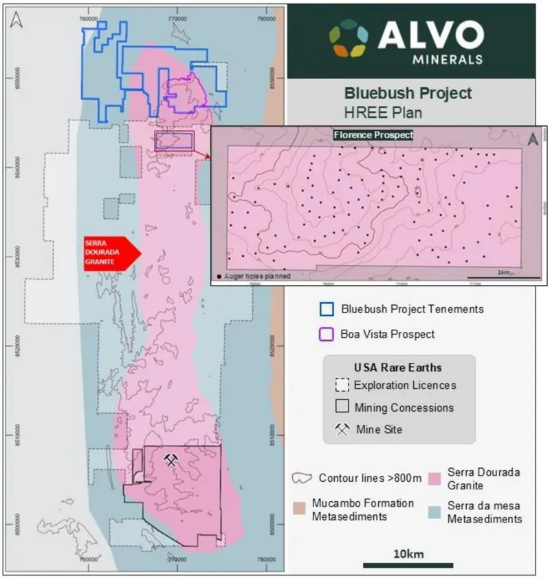 Regional map showing Bluebush on the northern end of the Serra Dourada granite, host to the Serra Verde (USA Rare Earth) ionic clay HREE operation (south end)…