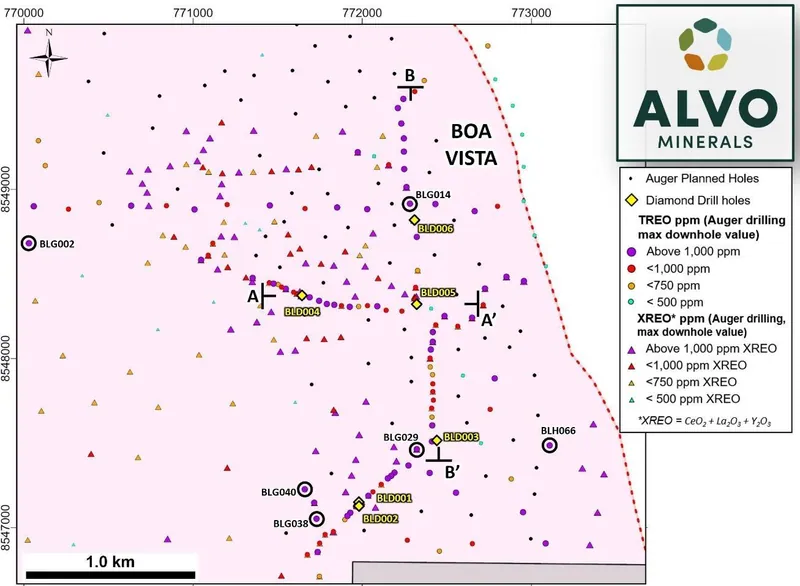 Bluebush IAC HREE Project, Boa Vista prospect plan showing diamond and auger drilling