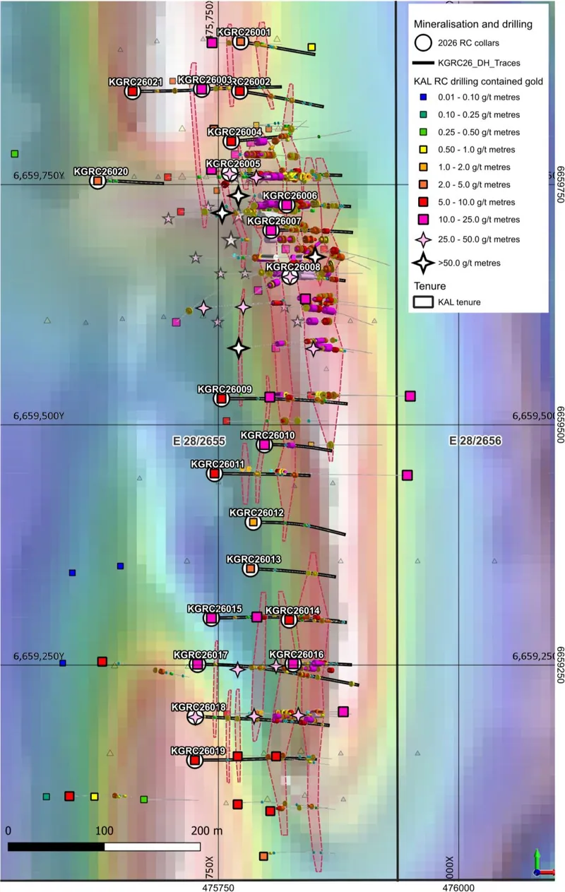 Plan view of the 21-hole, 3,702 m RC program at Kirgella Gift and Providence over aeromagnetic imagery