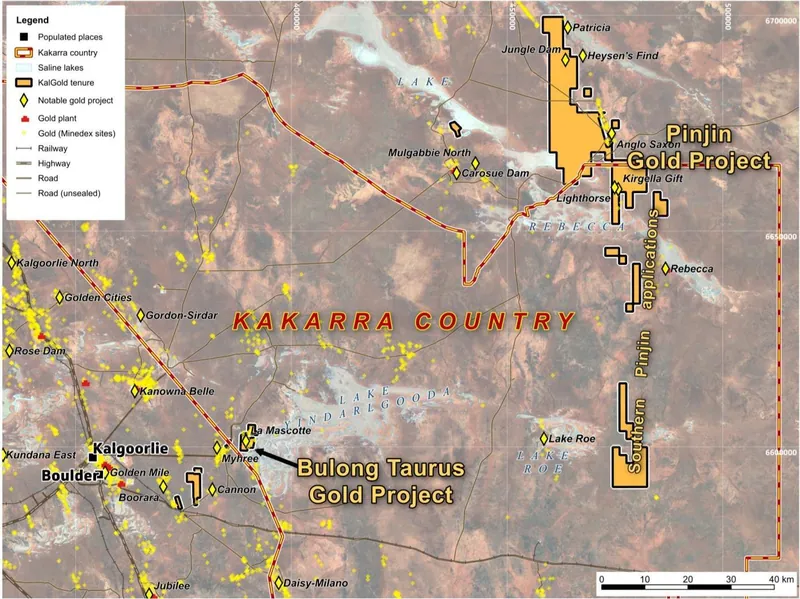 Kakarra Country in relation to KalGold’s projects, covering the entire Taurus Goldfield at Bulong Taurus and the southern, most active part of the Pinjin Gold…