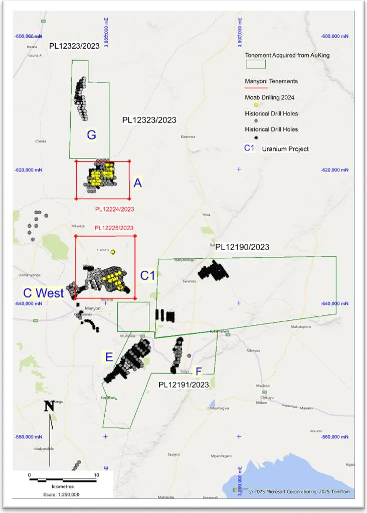 Manyoni Prospecting Licences, showing location of Area C1 and Area A uranium deposits (ASX:23 September 2025), and includes the AuKing tenements that have now…
