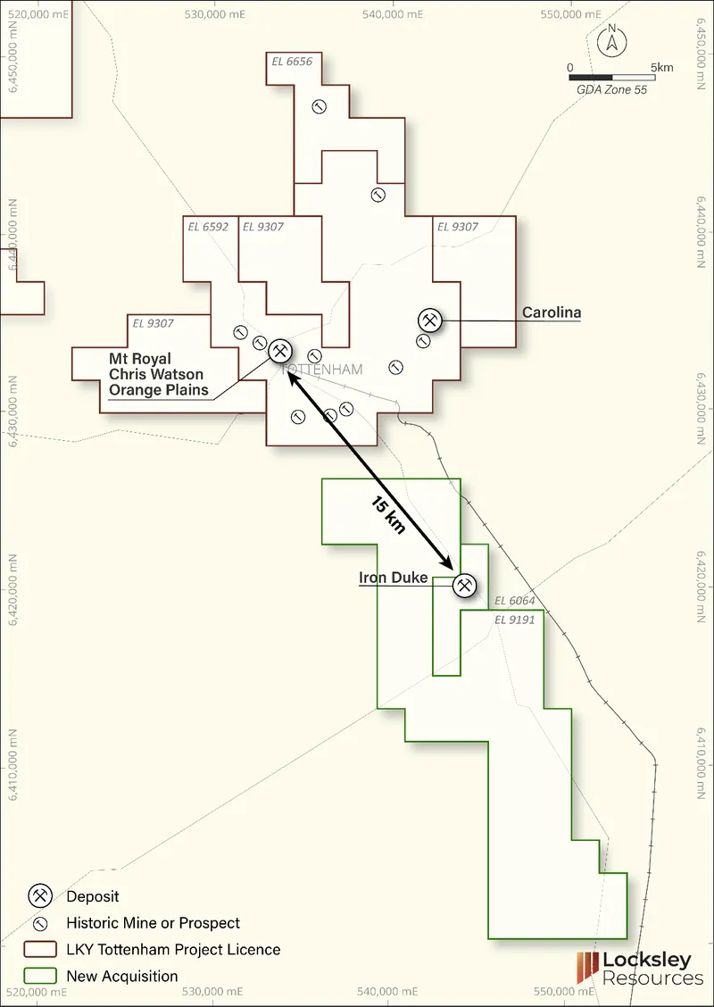 Project location plan of the Iron Duke Project in relation to the Tottenham Project (Refer: ASX announcement 14 May 2026)