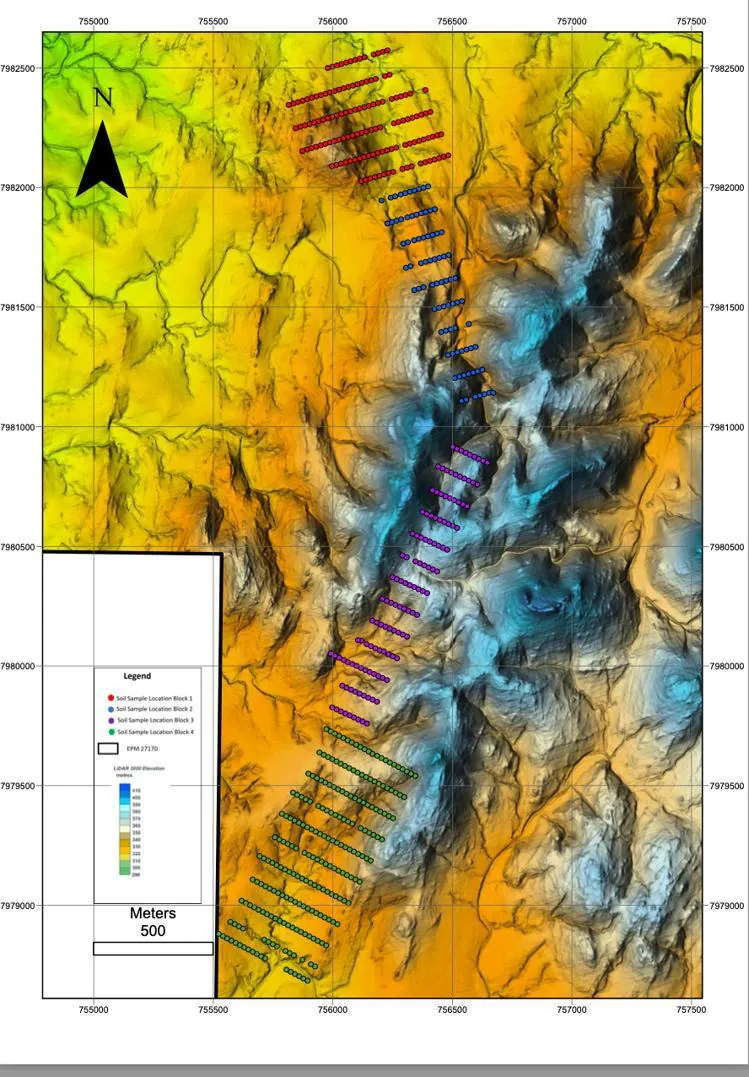 Western Zone soil sampling blocks over LiDAR elevation data. Source: ASX announcement 2 September 2026