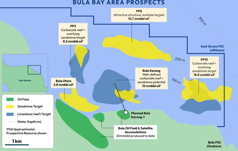 Bula Bay area existing oil fields and location of Bula Karang prospects and follow up prospects in the event of success