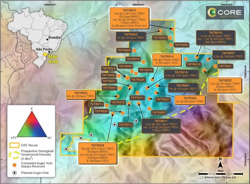 Tunas Project over aero-gamma spectrometry, showing completed infill auger drill hole locations and results