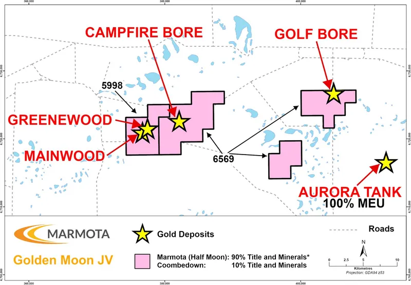 Location of Greenewood, Mainwood and Golden Moon JV deposits adjacent to Marmota’s Aurora Tank deposit
