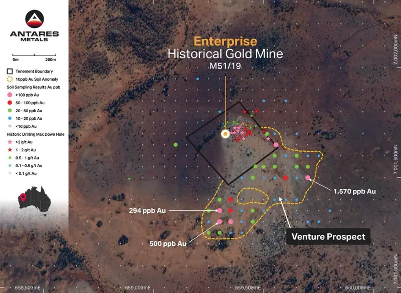 Enterprise Mine with RC drilling adjacent to the gold anomaly at Venture gold prospect
