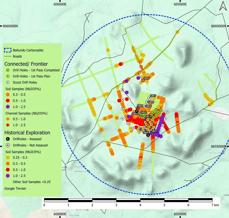 Bailundo planned and completed drilling, historical holes and surface Nb₂O₅ geochemistry