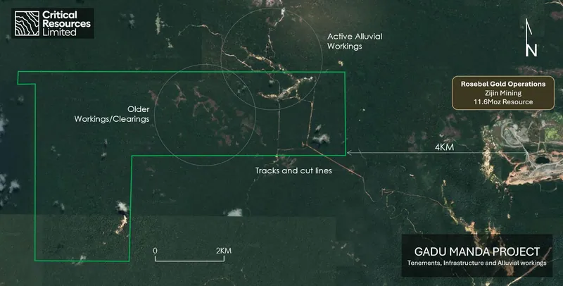 Satellite image of the Gadu Manda Project showing alluvial workings, older disturbed areas, cut lines and tracks in the northern part of the right, with Rosebe…