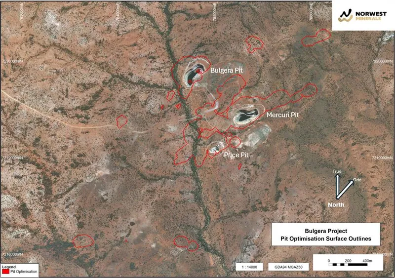 Topographic aerial view of Bulgera Gold Project area, July 2026 showing RPEEE pit shell boundaries in and around the historic mining centre where oxide ore was…