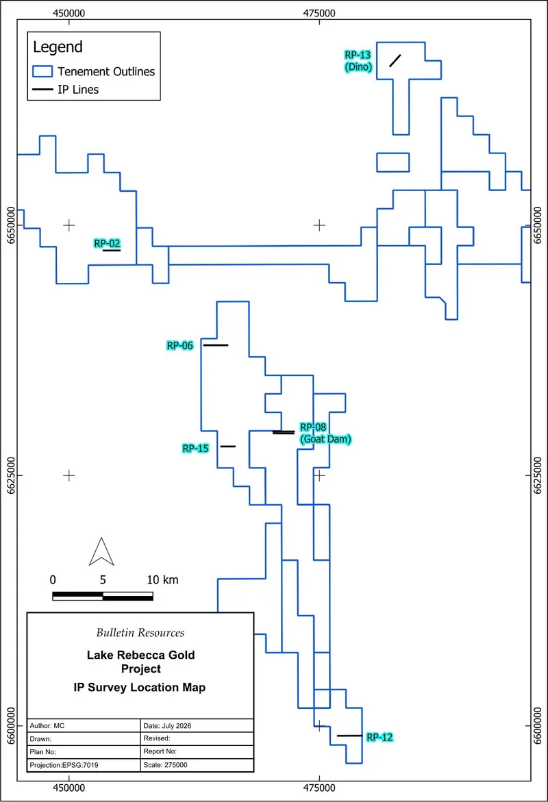 Lake Rebecca Gold Project showing IP line locations and tenement outline