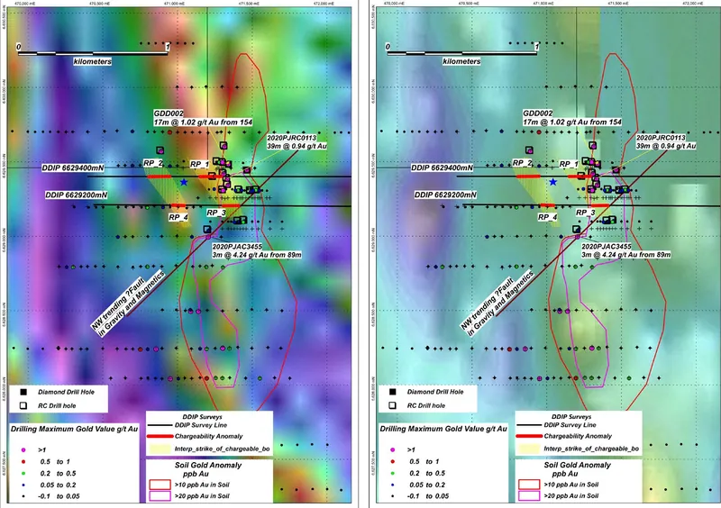 Goat Dam Prospect Summary diagram showing DDIP survey lines over 1VD Aeromagnetic Image (left) and 1VD Gravity Image (right)