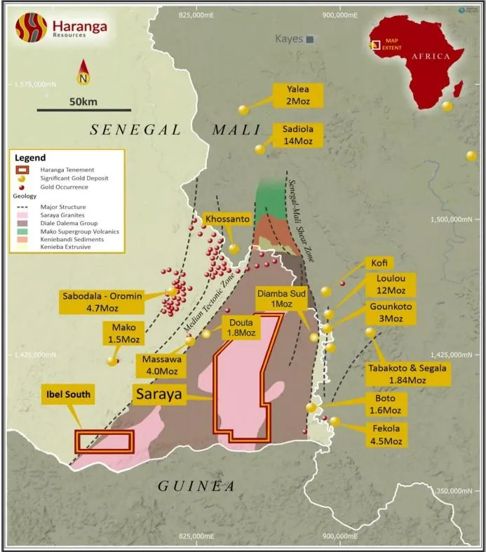 Ibel South location in relation to Haranga’s projects and regional gold occurrences