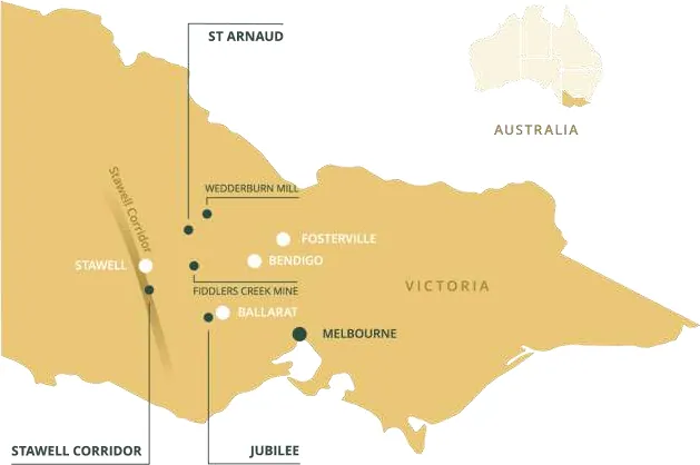 Plan view of Victoria including Aureka’s key projects with respect to the major nearby towns, cities and projects