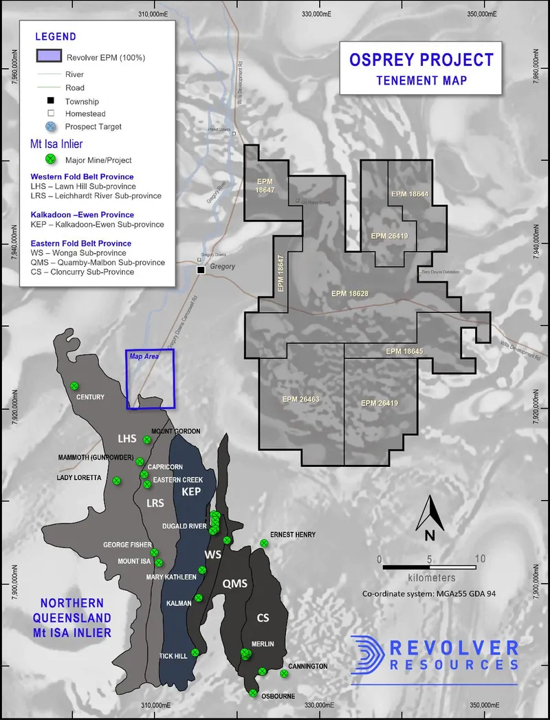 Project tenure, main regional belts and priority prospects