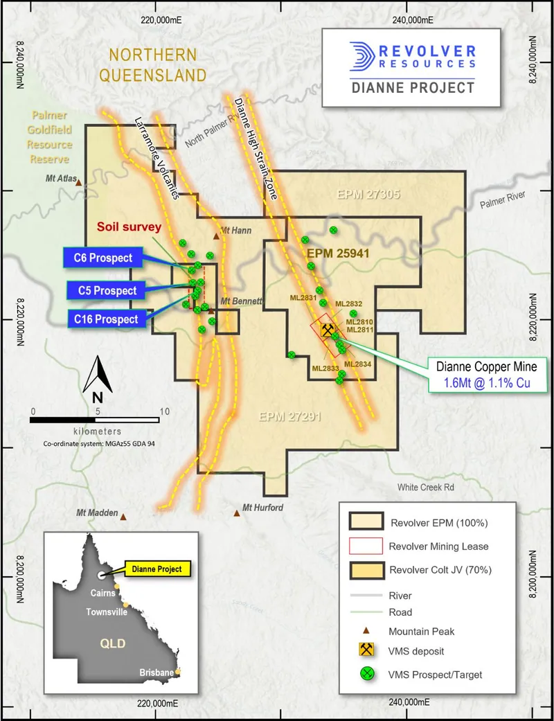 Dianne Project tenure, main geological trends, and EM targets